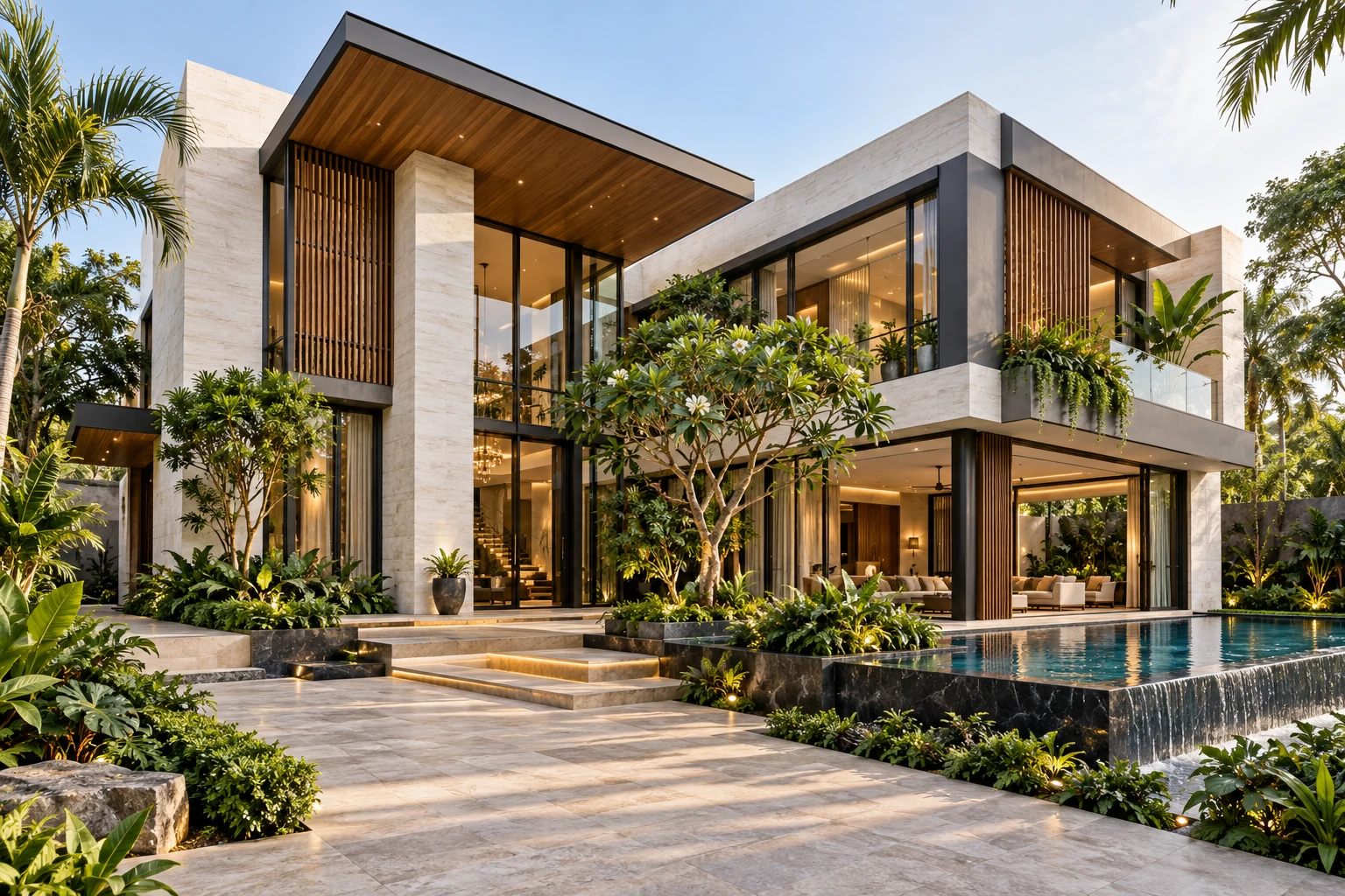 Limestone retreat: Floating rooflines, tall glazing and lush courtyard landscaping.