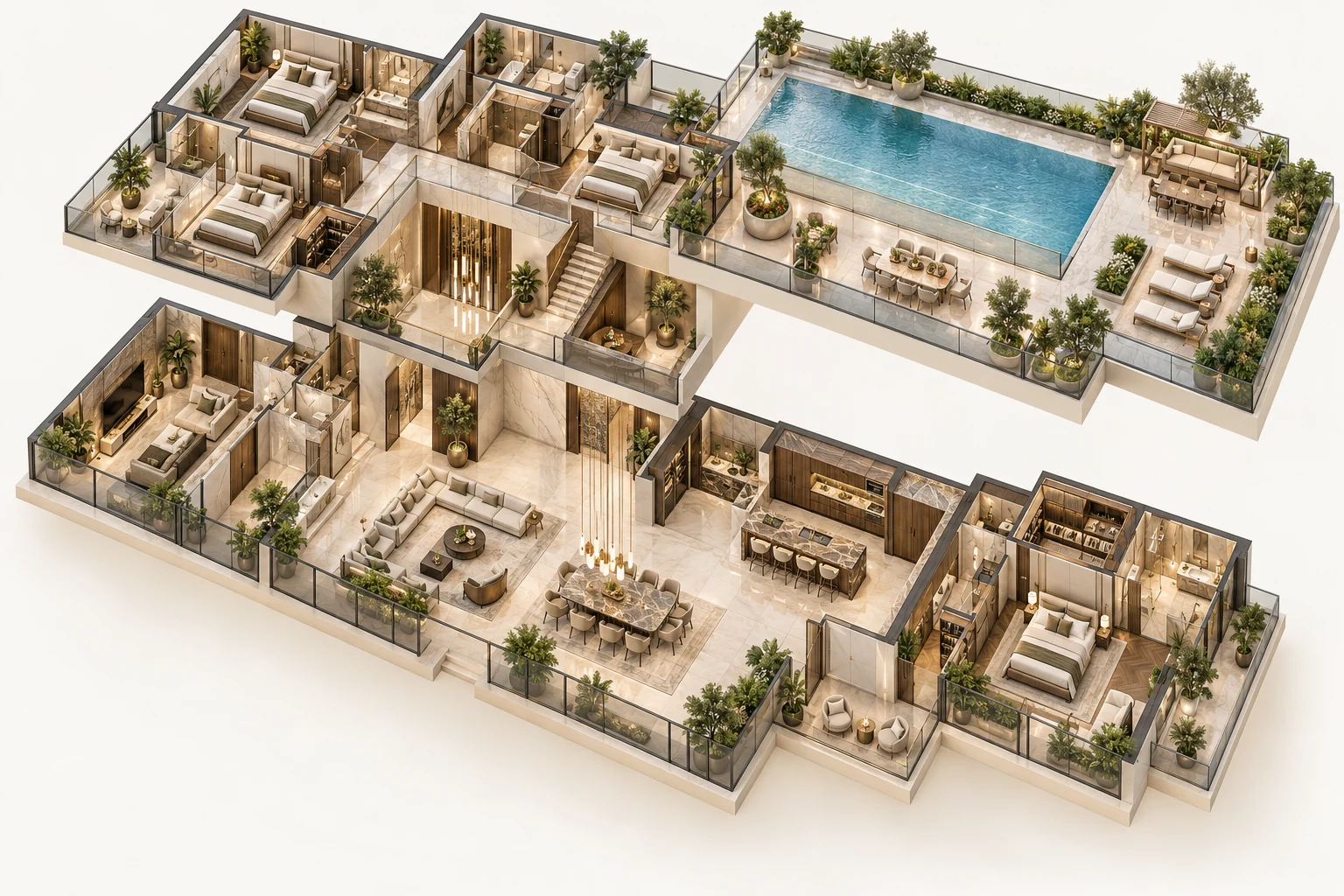 Sky terrace penthouse: Layered living, private suites and a spacious landscaped terrace.