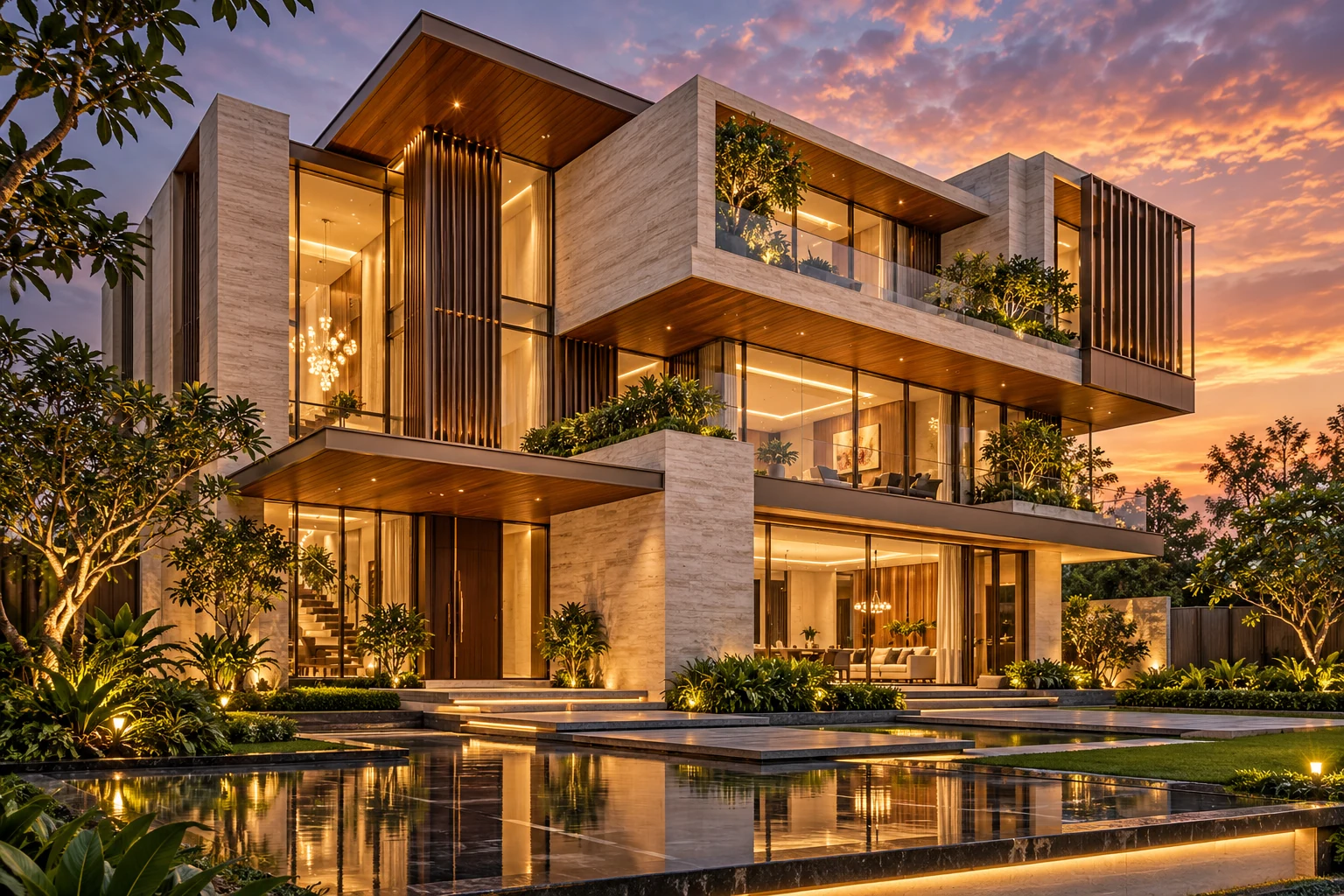 Luxury travertine villa with bronze fins and warm evening lighting